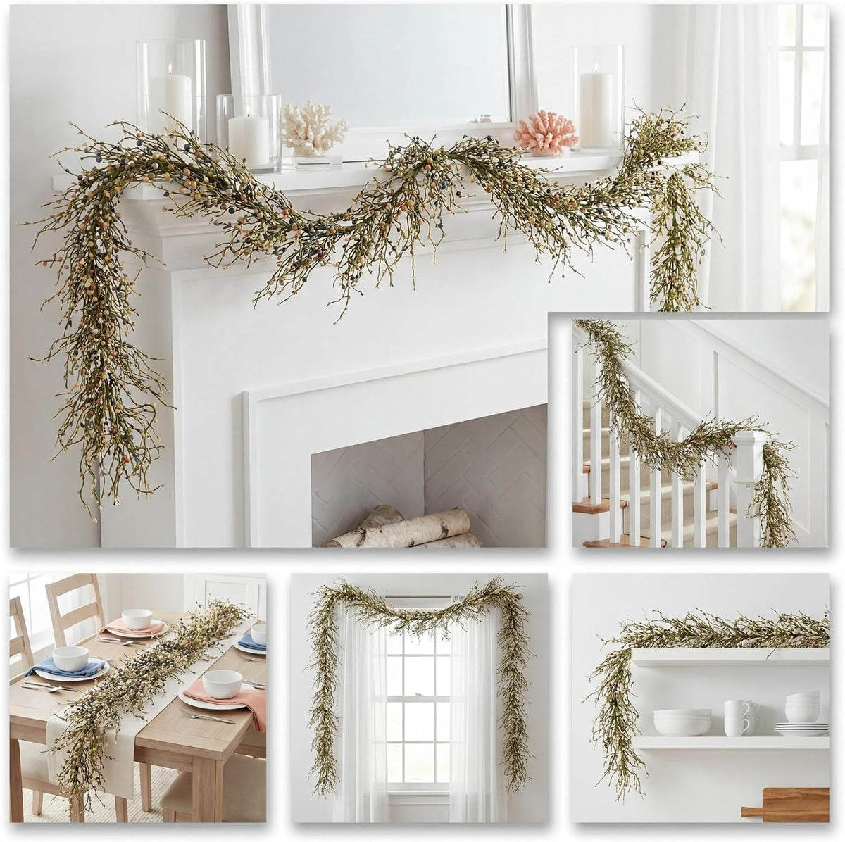 60 Inch (5FT) Rustic Pastel Blue Peach & Yellow Pip Berry Garland for Fireplace Mantel & Table Runner, Flexible Wired Artificial Vine, Spring Farmhouse Decor, Precise Size