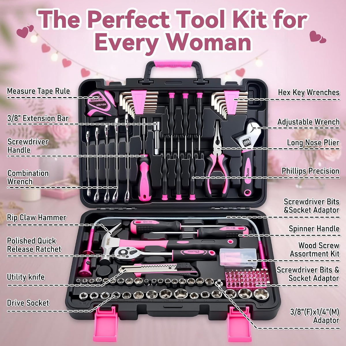 159 Piece Pink Tool Set, Tool Kit for Women, General Household pink tool kit for Home Auto Repair, Basic Mechanic Tool Box, with Storage Case