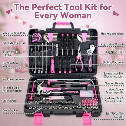 159 Piece Pink Tool Set, Tool Kit for Women, General Household pink tool kit for Home Auto Repair, Basic Mechanic Tool Box, with Storage Case