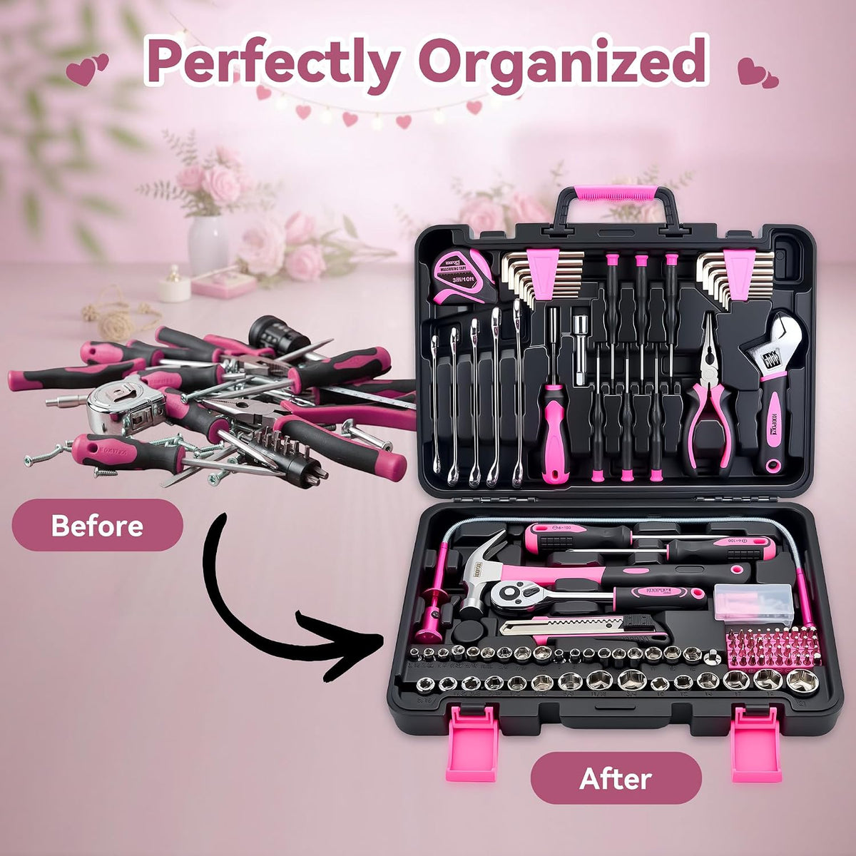 159 Piece Pink Tool Set, Tool Kit for Women, General Household pink tool kit for Home Auto Repair, Basic Mechanic Tool Box, with Storage Case