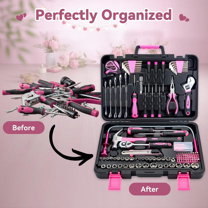159 Piece Pink Tool Set, Tool Kit for Women, General Household pink tool kit for Home Auto Repair, Basic Mechanic Tool Box, with Storage Case
