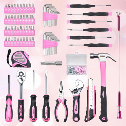 159 Piece Pink Tool Set, Tool Kit for Women, General Household pink tool kit for Home Auto Repair, Basic Mechanic Tool Box, with Storage Case