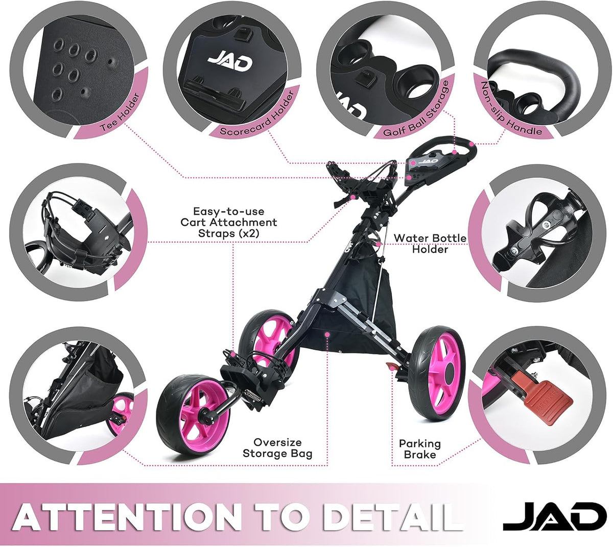 Golf Push Cart 3 Wheel - JAD ProGolf Ladies Pushcart for Women Golfers, Super Lightweight Deluxe Easy to Fold Collapsible Golfing Pull Cart