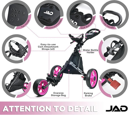 Golf Push Cart 3 Wheel - JAD ProGolf Ladies Pushcart for Women Golfers, Super Lightweight Deluxe Easy to Fold Collapsible Golfing Pull Cart
