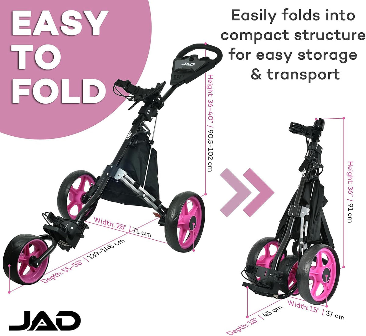 Golf Push Cart 3 Wheel - JAD ProGolf Ladies Pushcart for Women Golfers, Super Lightweight Deluxe Easy to Fold Collapsible Golfing Pull Cart