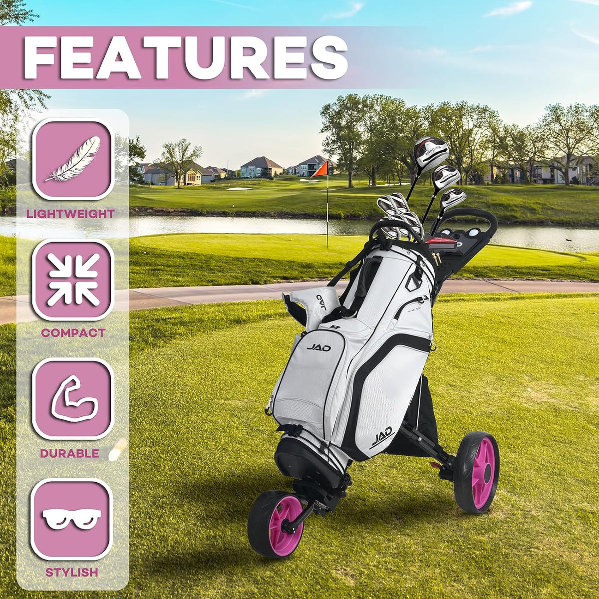 Golf Push Cart 3 Wheel - JAD ProGolf Ladies Pushcart for Women Golfers, Super Lightweight Deluxe Easy to Fold Collapsible Golfing Pull Cart