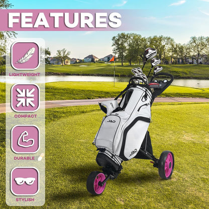 Golf Push Cart 3 Wheel - JAD ProGolf Ladies Pushcart for Women Golfers, Super Lightweight Deluxe Easy to Fold Collapsible Golfing Pull Cart