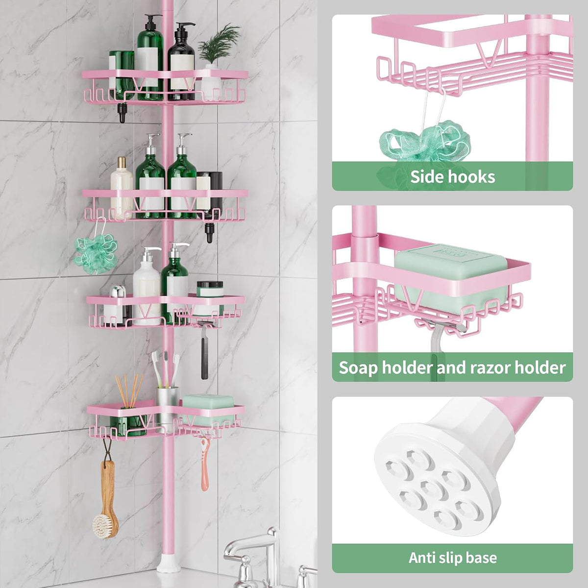 Corner Shower Caddy Tension Pole - Corner Shower Organizer Pink Cute