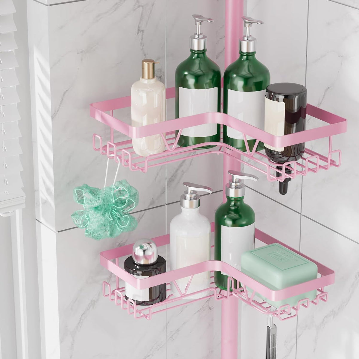 Corner Shower Caddy Tension Pole - Corner Shower Organizer Pink Cute