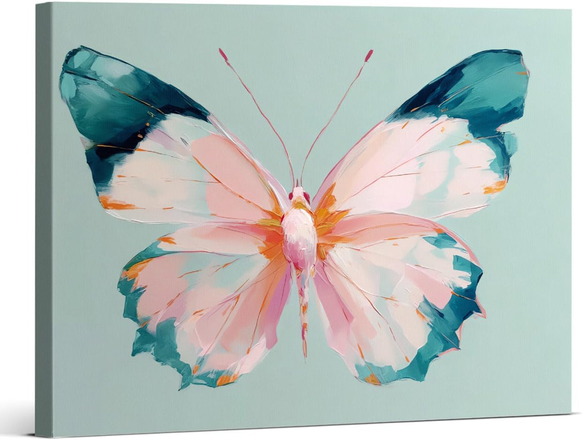 Pink Butterfly Wall Art Print - Preppy Butterfly Canvas Poster Painting - Pastel Girly Wall Decor for Home Bedroom Dorm 8x10 Inch Framed