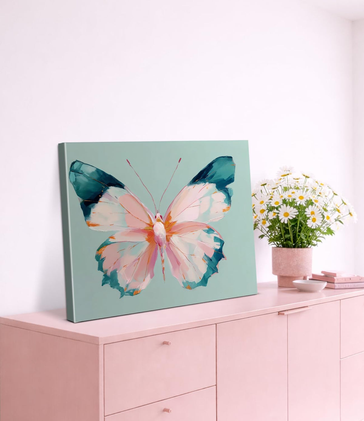 Pink Butterfly Wall Art Print - Preppy Butterfly Canvas Poster Painting - Pastel Girly Wall Decor for Home Bedroom Dorm 8x10 Inch Framed