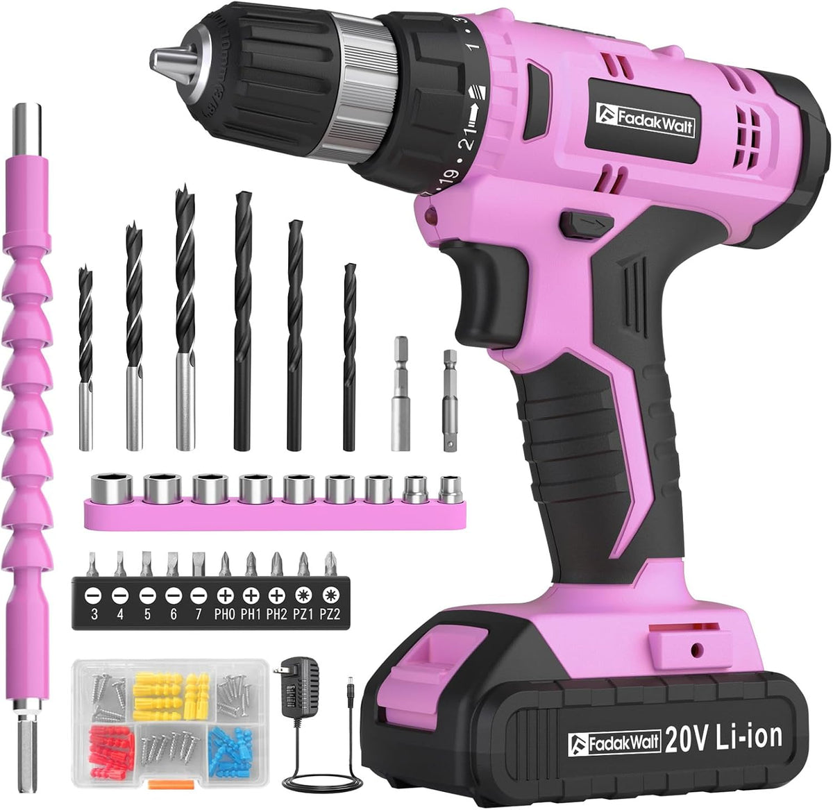 Cordless Drill Set, 20V Electric Power Drill with Battery And Charger, Torque 30N, 21+1 Torque Setting, 3/8-Inch Keyless Chuck, Driver Bits Kit, with LED Electric Drill Set. （Pink)