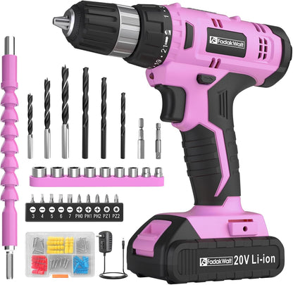 Cordless Drill Set, 20V Electric Power Drill with Battery And Charger, Torque 30N, 21+1 Torque Setting, 3/8-Inch Keyless Chuck, Driver Bits Kit, with LED Electric Drill Set. （Pink)