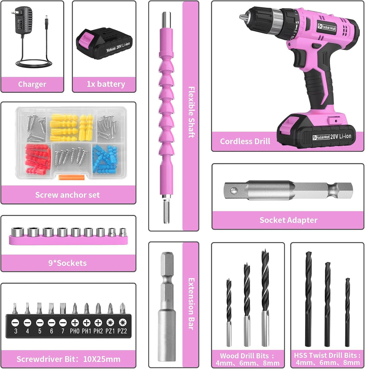 Cordless Drill Set, 20V Electric Power Drill with Battery And Charger, Torque 30N, 21+1 Torque Setting, 3/8-Inch Keyless Chuck, Driver Bits Kit, with LED Electric Drill Set. （Pink)