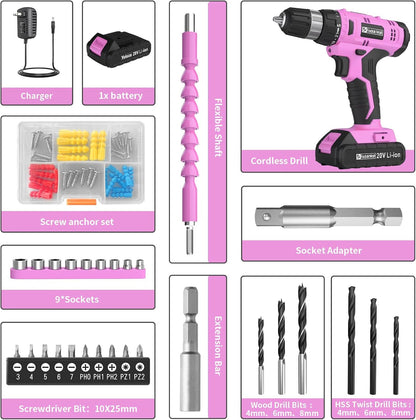 Cordless Drill Set, 20V Electric Power Drill with Battery And Charger, Torque 30N, 21+1 Torque Setting, 3/8-Inch Keyless Chuck, Driver Bits Kit, with LED Electric Drill Set. （Pink)
