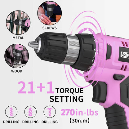 Cordless Drill Set, 20V Electric Power Drill with Battery And Charger, Torque 30N, 21+1 Torque Setting, 3/8-Inch Keyless Chuck, Driver Bits Kit, with LED Electric Drill Set. （Pink)