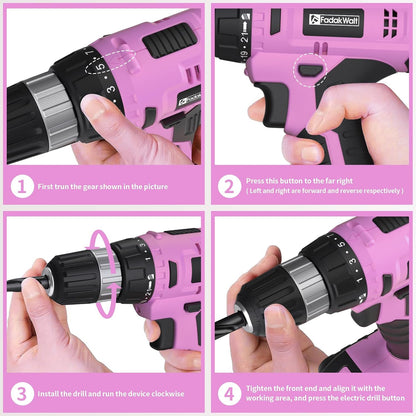 Cordless Drill Set, 20V Electric Power Drill with Battery And Charger, Torque 30N, 21+1 Torque Setting, 3/8-Inch Keyless Chuck, Driver Bits Kit, with LED Electric Drill Set. （Pink)