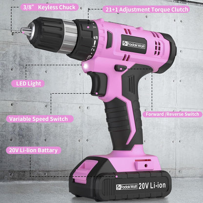 Cordless Drill Set, 20V Electric Power Drill with Battery And Charger, Torque 30N, 21+1 Torque Setting, 3/8-Inch Keyless Chuck, Driver Bits Kit, with LED Electric Drill Set. （Pink)
