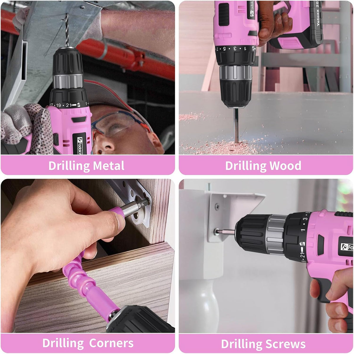 Cordless Drill Set, 20V Electric Power Drill with Battery And Charger, Torque 30N, 21+1 Torque Setting, 3/8-Inch Keyless Chuck, Driver Bits Kit, with LED Electric Drill Set. （Pink)