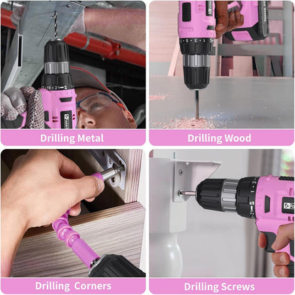 Cordless Drill Set, 20V Electric Power Drill with Battery And Charger, Torque 30N, 21+1 Torque Setting, 3/8-Inch Keyless Chuck, Driver Bits Kit, with LED Electric Drill Set. （Pink)