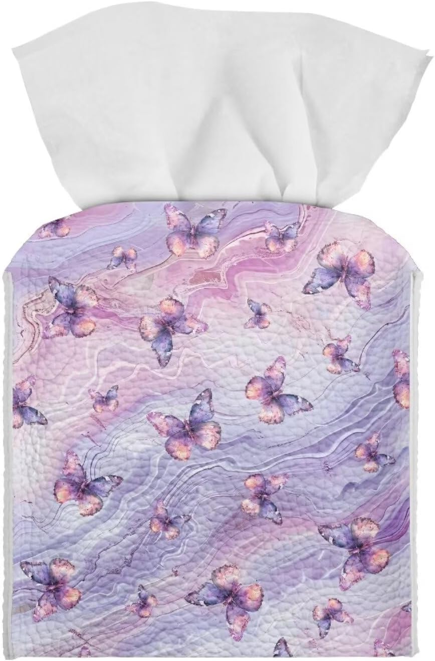 Purple Butterfly Tissue Box Holder Square Pink Marble Leather Tissue Box Cover Home Box Covers Cube Tissue Holder for Bathroom Tabletop Office Toilet Paper Storage