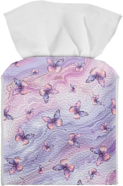Purple Butterfly Tissue Box Holder Square Pink Marble Leather Tissue Box Cover Home Box Covers Cube Tissue Holder for Bathroom Tabletop Office Toilet Paper Storage