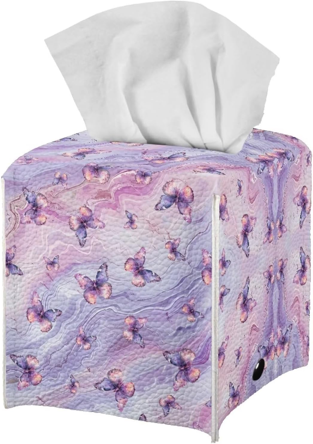 Purple Butterfly Tissue Box Holder Square Pink Marble Leather Tissue Box Cover Home Box Covers Cube Tissue Holder for Bathroom Tabletop Office Toilet Paper Storage