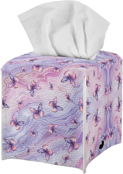 Purple Butterfly Tissue Box Holder Square Pink Marble Leather Tissue Box Cover Home Box Covers Cube Tissue Holder for Bathroom Tabletop Office Toilet Paper Storage