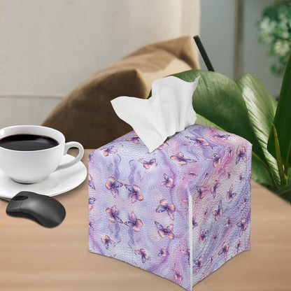 Purple Butterfly Tissue Box Holder Square Pink Marble Leather Tissue Box Cover Home Box Covers Cube Tissue Holder for Bathroom Tabletop Office Toilet Paper Storage