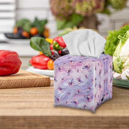 Purple Butterfly Tissue Box Holder Square Pink Marble Leather Tissue Box Cover Home Box Covers Cube Tissue Holder for Bathroom Tabletop Office Toilet Paper Storage