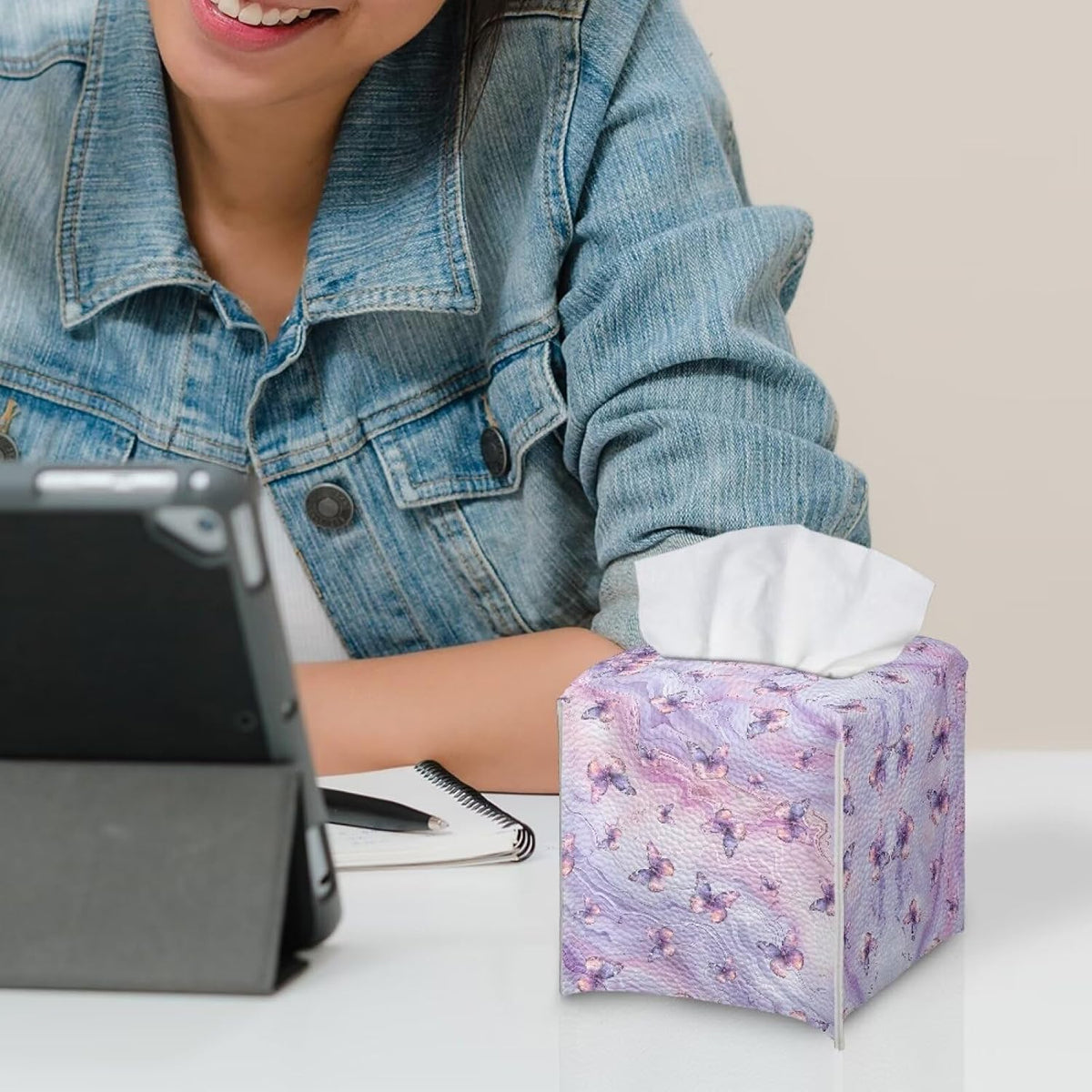 Purple Butterfly Tissue Box Holder Square Pink Marble Leather Tissue Box Cover Home Box Covers Cube Tissue Holder for Bathroom Tabletop Office Toilet Paper Storage