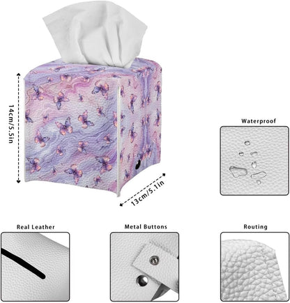 Purple Butterfly Tissue Box Holder Square Pink Marble Leather Tissue Box Cover Home Box Covers Cube Tissue Holder for Bathroom Tabletop Office Toilet Paper Storage