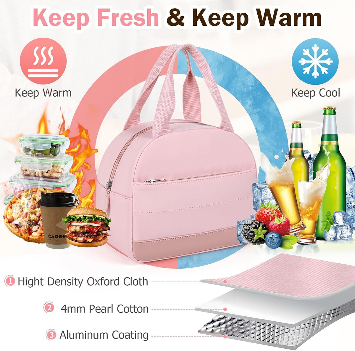 Pink Lunch Bag for Woemn, LunchBox for Kids, Insulated Lunch Box for Women