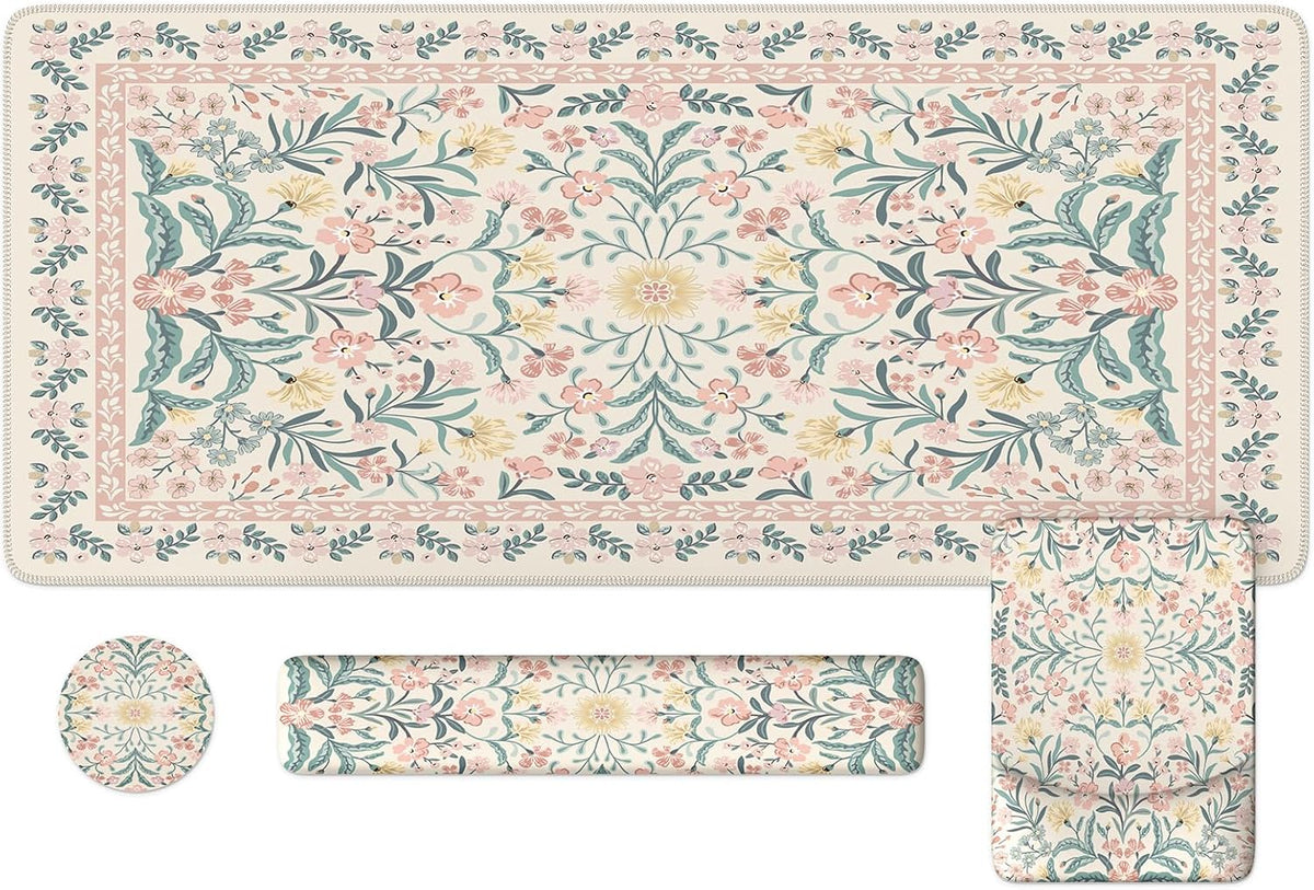 Pink Desk Mat Set Cute,Mouse Pad and Keyboard Pad Mat for Desk