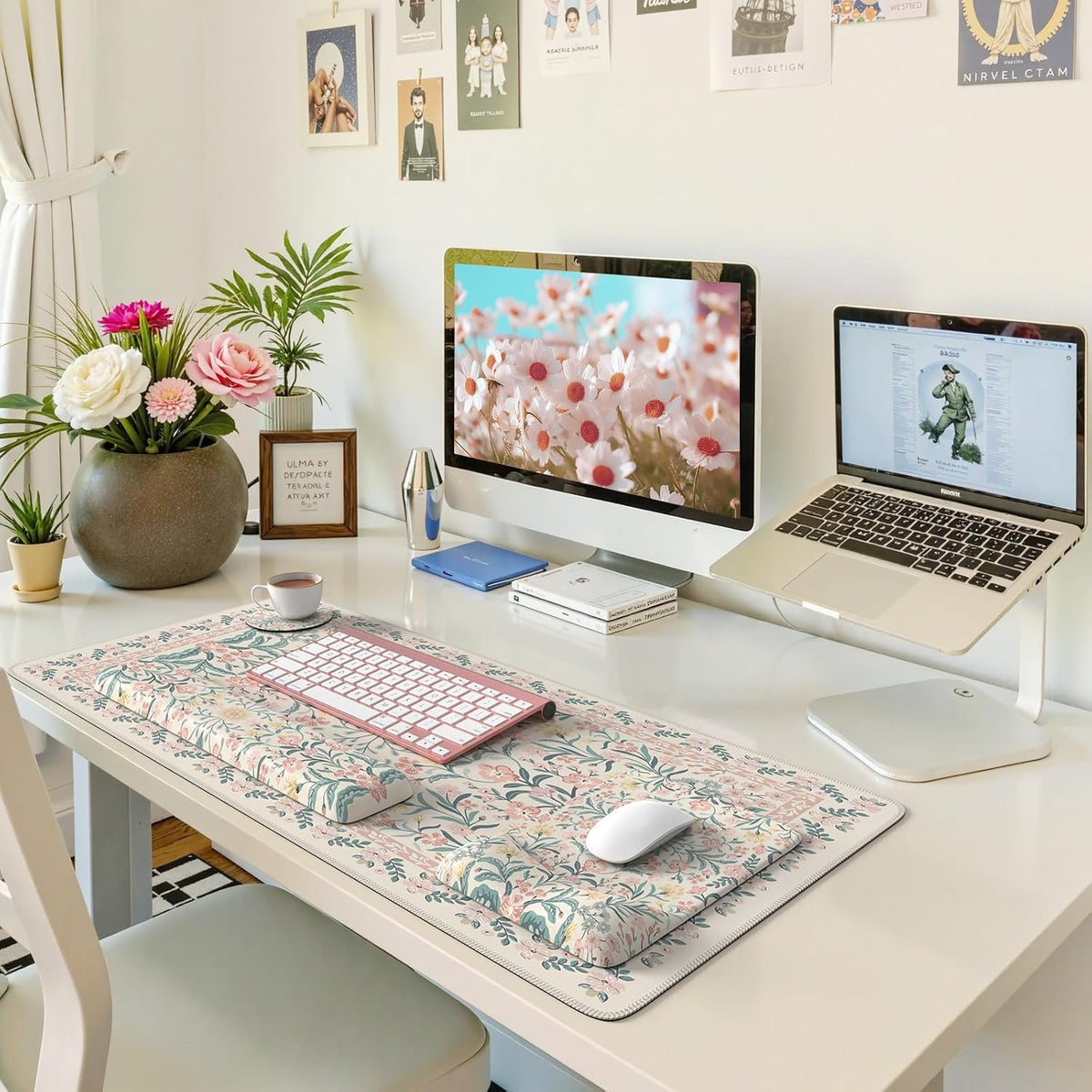 Pink Desk Mat Set Cute,Mouse Pad and Keyboard Pad Mat for Desk
