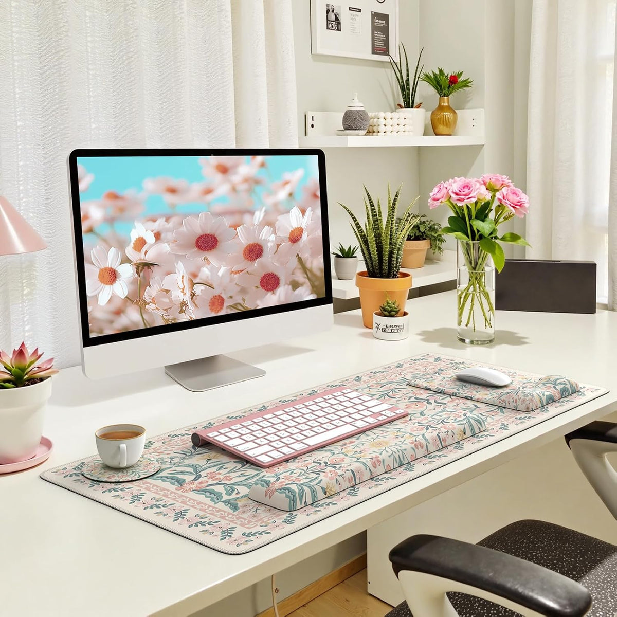 Pink Desk Mat Set Cute,Mouse Pad and Keyboard Pad Mat for Desk