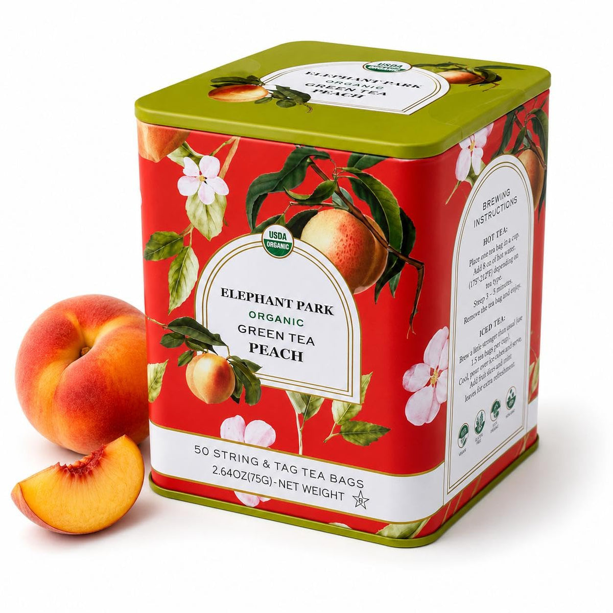 Organic Peach Ceylon Green Tea - 50 Packets - Natural Antioxidant Rich Herbal Leaf Teabags - USDA Certified 100% Non-GMO - Caffeinated Designer Gift Tin
