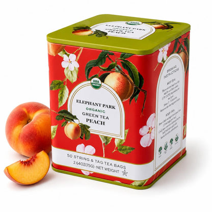 Organic Peach Ceylon Green Tea - 50 Packets - Natural Antioxidant Rich Herbal Leaf Teabags - USDA Certified 100% Non-GMO - Caffeinated Designer Gift Tin