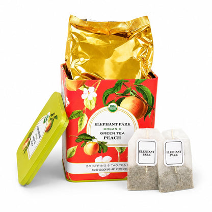 Organic Peach Ceylon Green Tea - 50 Packets - Natural Antioxidant Rich Herbal Leaf Teabags - USDA Certified 100% Non-GMO - Caffeinated Designer Gift Tin