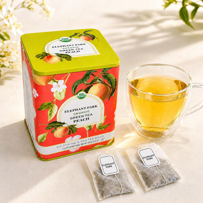Organic Peach Ceylon Green Tea - 50 Packets - Natural Antioxidant Rich Herbal Leaf Teabags - USDA Certified 100% Non-GMO - Caffeinated Designer Gift Tin