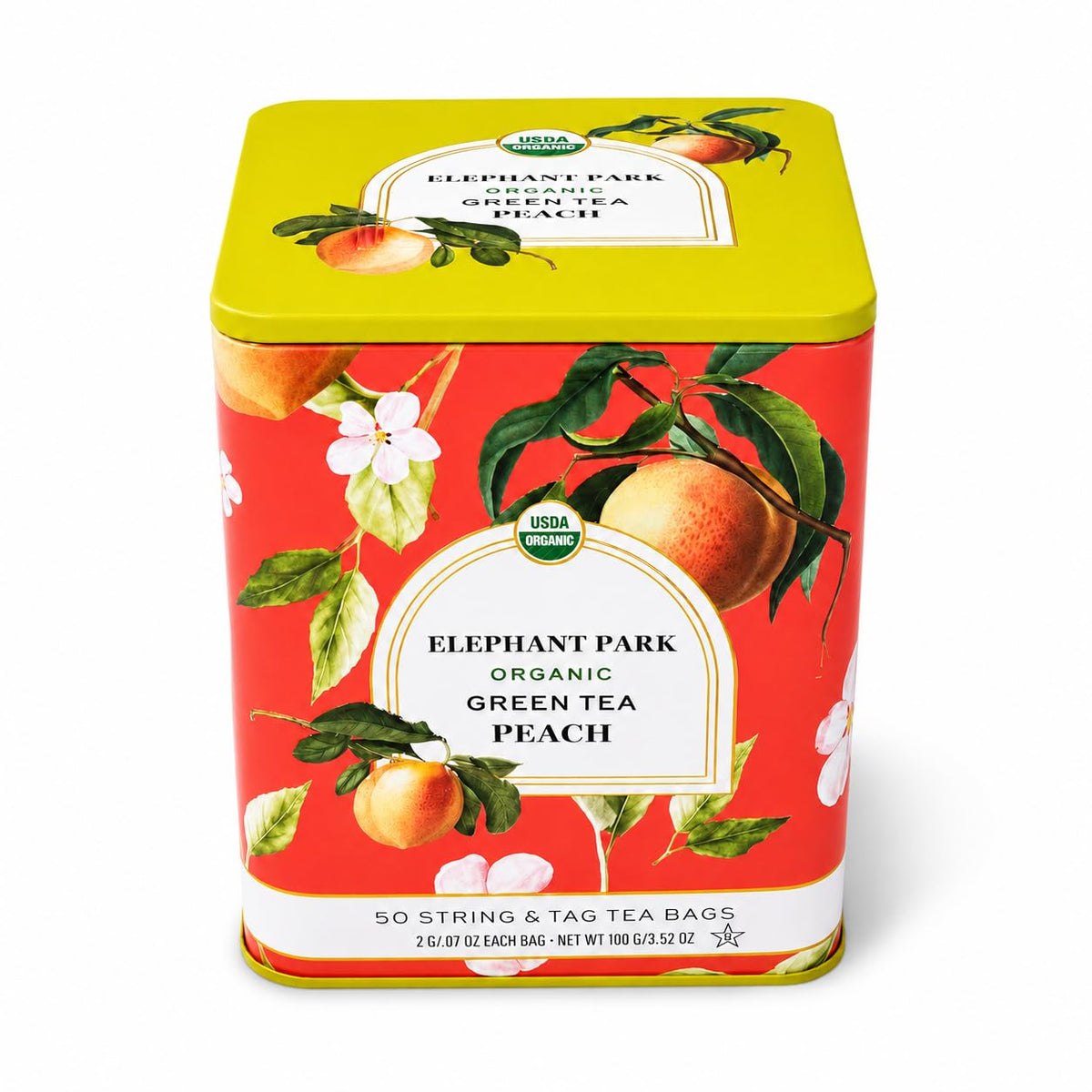 Organic Peach Ceylon Green Tea - 50 Packets - Natural Antioxidant Rich Herbal Leaf Teabags - USDA Certified 100% Non-GMO - Caffeinated Designer Gift Tin