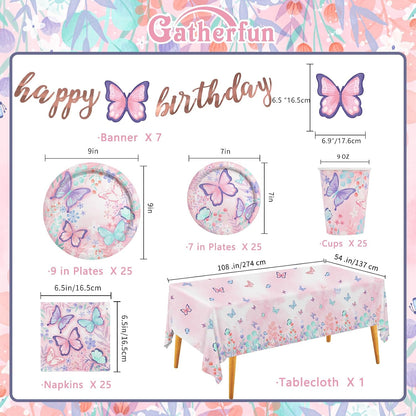 Butterfly Birthday Party Supplies Disposable Paper Plates Napkins Cups Tablecloth and Banner for Butterfly Girl Party Birthday Decorations, Serve 25