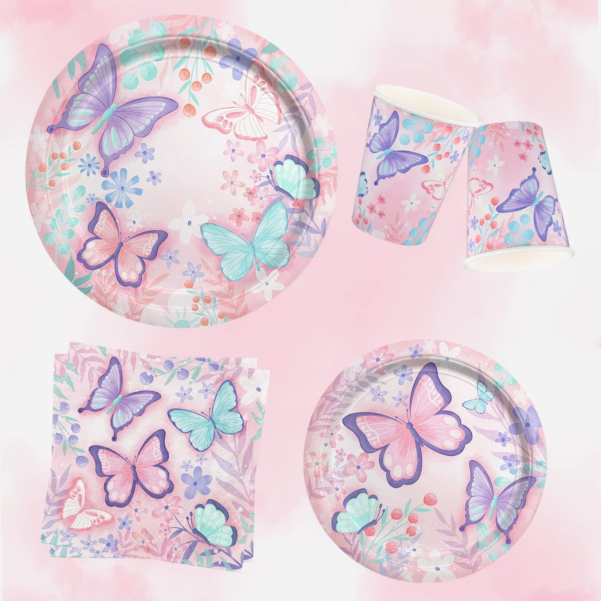Butterfly Birthday Party Supplies Disposable Paper Plates Napkins Cups Tablecloth and Banner for Butterfly Girl Party Birthday Decorations, Serve 25
