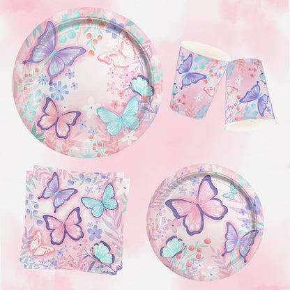 Butterfly Birthday Party Supplies Disposable Paper Plates Napkins Cups Tablecloth and Banner for Butterfly Girl Party Birthday Decorations, Serve 25
