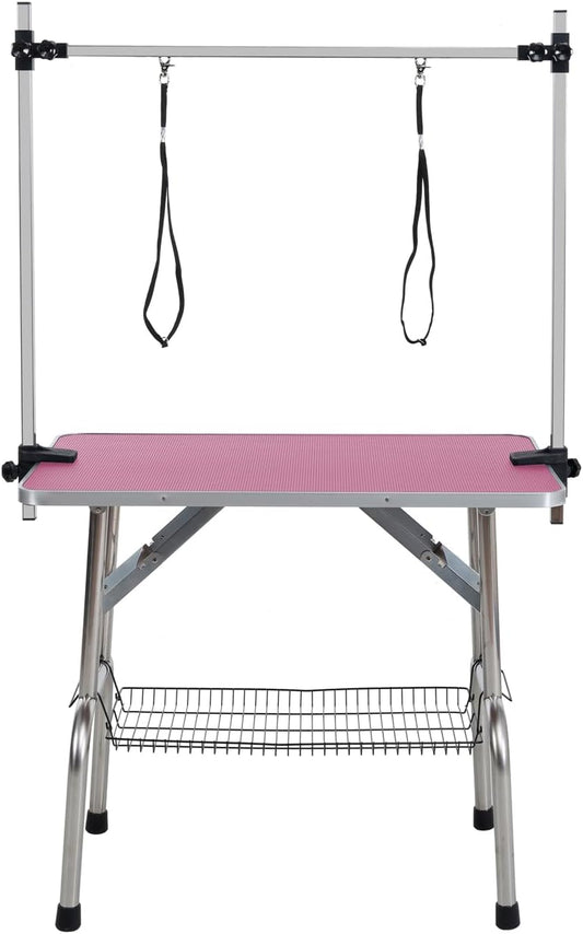 New Large Pet Grooming Table for Dog Cat with Adjustable Arm and Clamps Heavy Duty Portable Dog Grooming Table w/Arm & Noose & Mesh Tray (Pink, 36INCH)