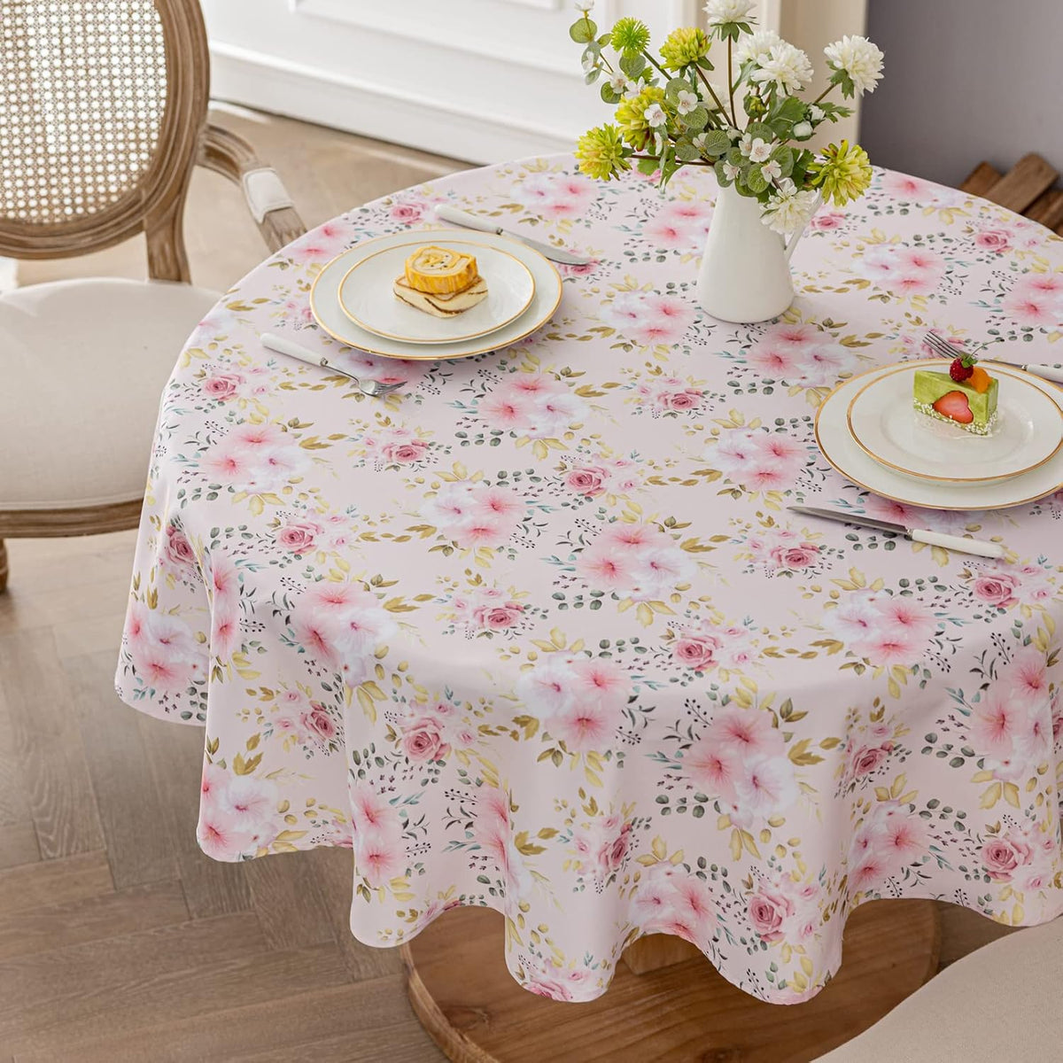 Flower Tablecloth, Pink Floral Table Cloth for Round Tables,Waterproof Resistant Rose Table Cover for Valentines,Parties,Wedding Use Spring/Summer (60 Inch Round)