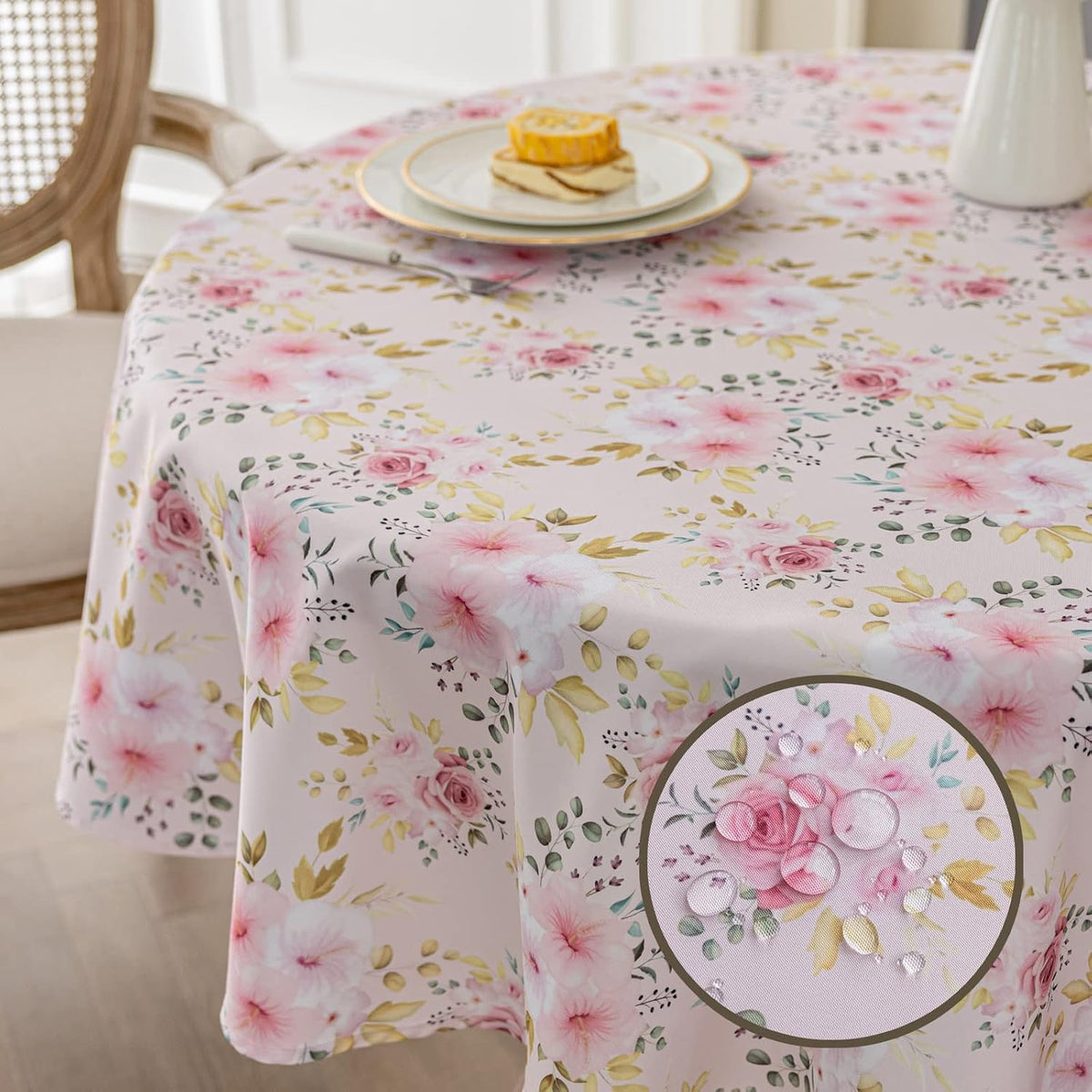 Flower Tablecloth, Pink Floral Table Cloth for Round Tables,Waterproof Resistant Rose Table Cover for Valentines,Parties,Wedding Use Spring/Summer (60 Inch Round)