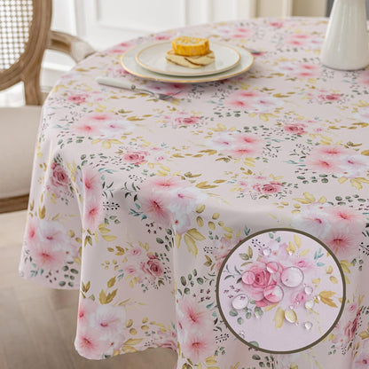 Flower Tablecloth, Pink Floral Table Cloth for Round Tables,Waterproof Resistant Rose Table Cover for Valentines,Parties,Wedding Use Spring/Summer (60 Inch Round)