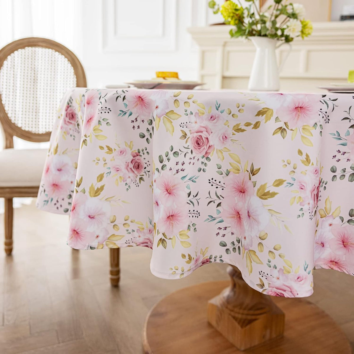 Flower Tablecloth, Pink Floral Table Cloth for Round Tables,Waterproof Resistant Rose Table Cover for Valentines,Parties,Wedding Use Spring/Summer (60 Inch Round)