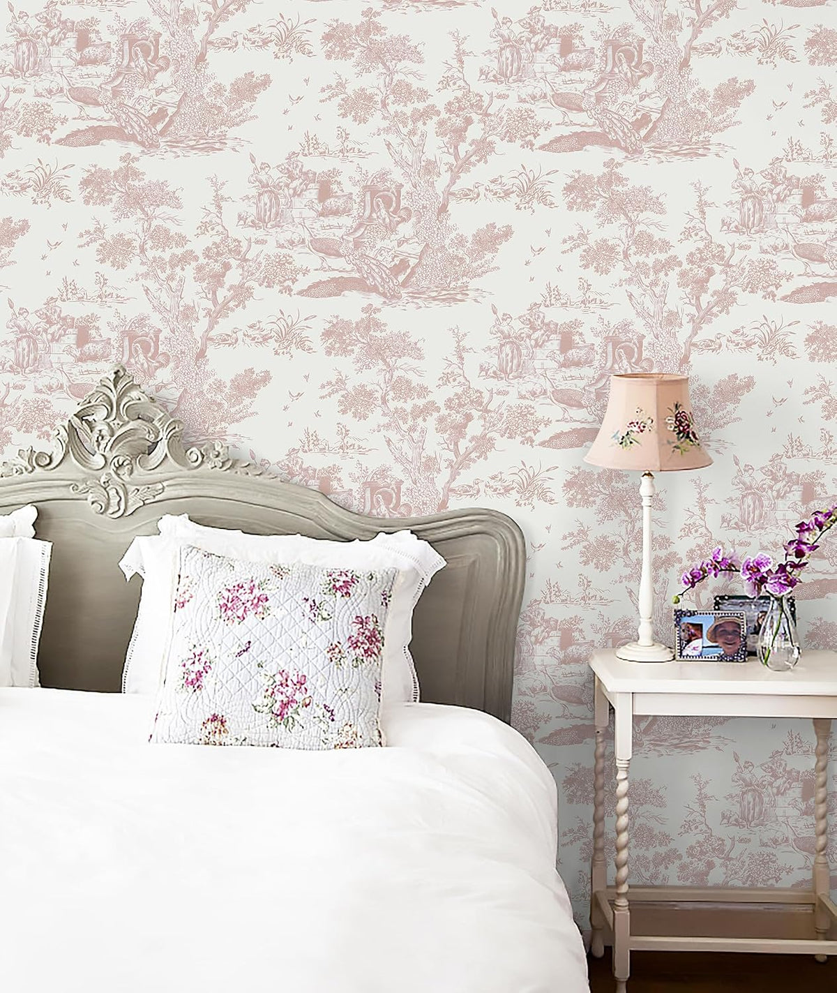 Peel and Stick Wallpaper Vintage Wallpaper White and Pink Wallpaper Removable Self-Adhesive Wallpaper for Bedroom Bathroom Toile Contact Paper for Walls Covering 16In×78.7In